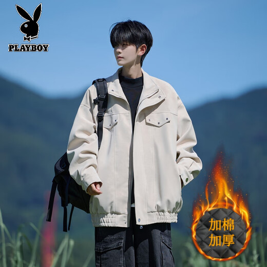 Playboy (PLAYBOY) Retro Leather Jacket Men's Spring, Autumn and Winter New High-end Handsome Jacket Men's Cotton Thickened Warm Top Men 89K1 Beige White Cotton Thickened M Recommended Height 165-170CM Weight 94-110Jin Jin is equal to 0.5 kg