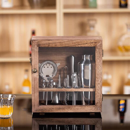 MPPMCK German imported cocktail mixer set, cocktail set, dust-proof wooden box, 304 stainless steel shaker, bar supplies, glass three-stage dust-proof set