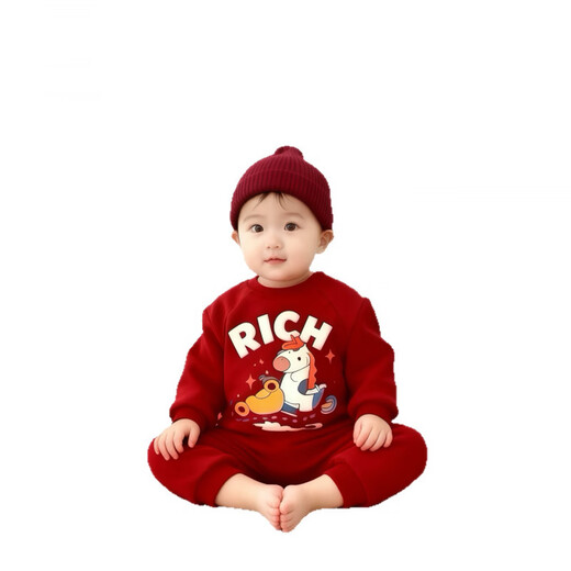 Year of the Horse parent-child outfit 2026 autumn and winter new style family of three, mother and son, mother and daughter red New Year family portrait sweatshirt without velvet burgundy 80 jumpsuit with hat