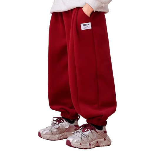I.KARNOW boys' red velvet pants children's autumn and winter sports pants 2025 new big children's new year thickened one-piece velvet sweatpants 16319 Angora red 140