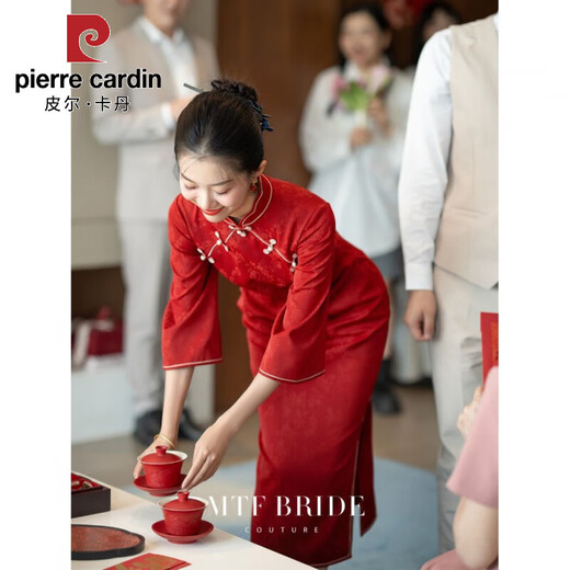 Pierre Cardin (Pierre Cardin) red cheongsam ancient bride wedding engagement dress out of the pavilion and home toasting dress slim female dress red cheongsam S