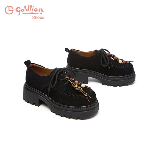 Goldlion Women's Shoes 2025 Autumn and Winter Thick Soled Loafers Retro Round Toe Lace Up Deep Mouth Small Leather Shoes G665540286 Black 37