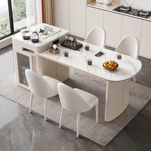 Island table retractable multi-functional canteen dining table cream style household small apartment coffee table dining table tea-making integrated island table + 4 plush chairs retractable 140-170CM track socket type