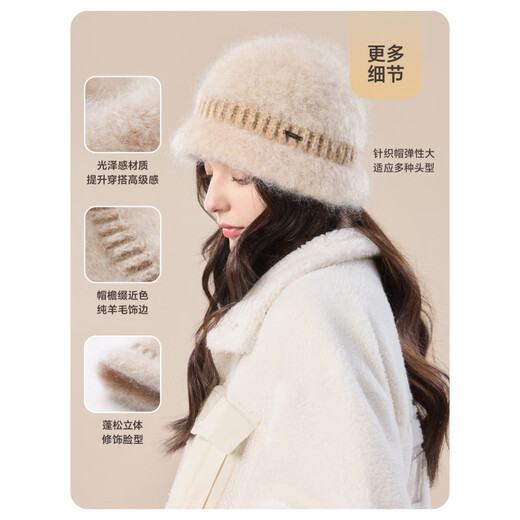 JIUMU Mohair Hat Women's Autumn and Winter Warm Fisherman Hat Versatile Coldproof Ear Protection Long-staple Wool Knitted Basin Hat Beige Color One Size-58cm