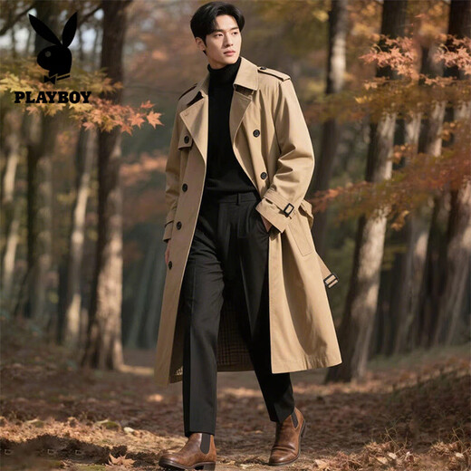 Playboy (PLAYBOY) high-end British style extended trench coat spring and autumn men's double-breasted business casual handsome coat trendy khaki XL