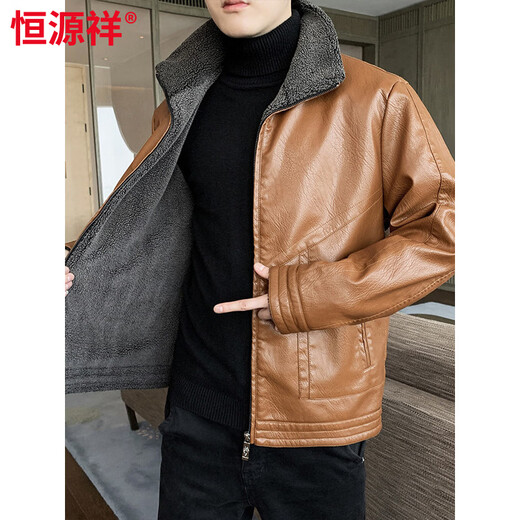 Hengyuanxiang autumn and winter leather jacket men's velvet thickened fur all-in-one warm jacket fat man loose plus size leather jacket trend black 6917 L