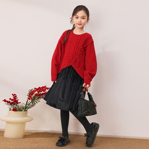 LUSON Chen Dazhu children's clothing girls dress fake two-piece red sweater velvet skirt children's skirt autumn and winter