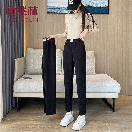 Plush pants for women to wear as outerwear in winter, thickened cold-proof casual pants, versatile slimming corduroy, Northeastern lamb velvet warm pants, black, cold-resistant extra thick lamb velvet 4XL recommended 135-150Jin Jin equals 0.5kg