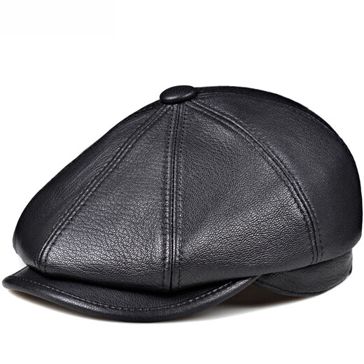 Saimandie men's high-end genuine leather cap, peaked cap, genuine leather octagonal hat for middle-aged and elderly people, retro newsboy hat, sheepskin painter hat, black XXL (59-60cm)