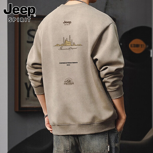 JEEP SPIRIT Jeep heavy sweatshirt men's autumn and winter American retro long-sleeved T-shirt round neck bottoming shirt men's Khaki XL