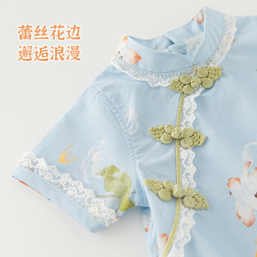 Wooden cotton baby short-sleeved one-piece bodysuit summer thin Tencel baby girl Chinese button triangle harem one-year-old dress sky blue/wooden hibiscus 100cm