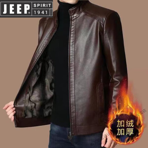 JEEP SPIRIT Autumn and Winter New Haining Leather Jacket for Men Middle-aged Dad Sheepskin Casual Large Size Leather Jacket with Velvet New Product Stand Collar Leather Jacket Black Velvet M 170
