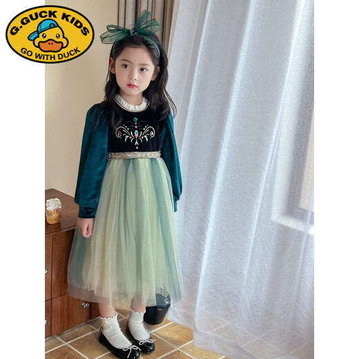 G.duck Frozen Anna Princess Dress Autumn Girls Velvet Mesh Dress Little Girl Birthday Dress Trendy Peacock Green Plus Velvet Style 120 cm