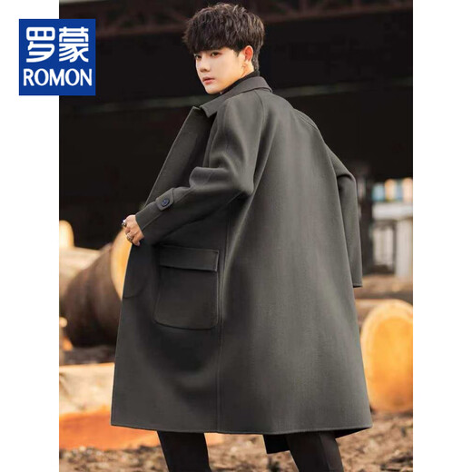 ROMON double-sided woolen coat for men, mid-length, high-end, winter thickened woolen trench coat, knee-high trendy black S 120Jin Jin is equal to within 0.5 kg
