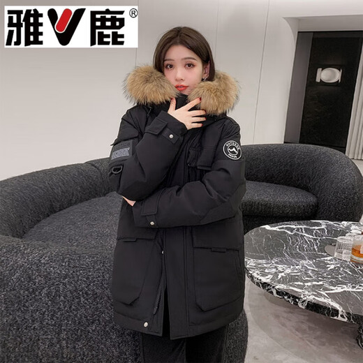 雅鹿男女中长款冬季新款大毛领户外加厚工装极寒派克服外套 燕麦色女 黑色女款 S 建议90-110斤