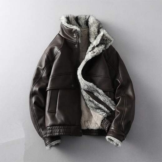 GENIUS international first-line brand fur integrated men's winter loose velvet thickened leather jacket short motorcycle jacket leather jacket for men black M 90-125Jin Jin is equal to 0.5 kg