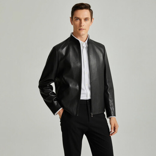 SATCHI Retro Stand Collar Solid Color Casual Light Mature Commuting Versatile Soft Leather Jacket Men's Black Black One Size 52