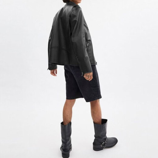 COACH FW24 solid color zipper casual long-sleeved leather jacket for men black black S