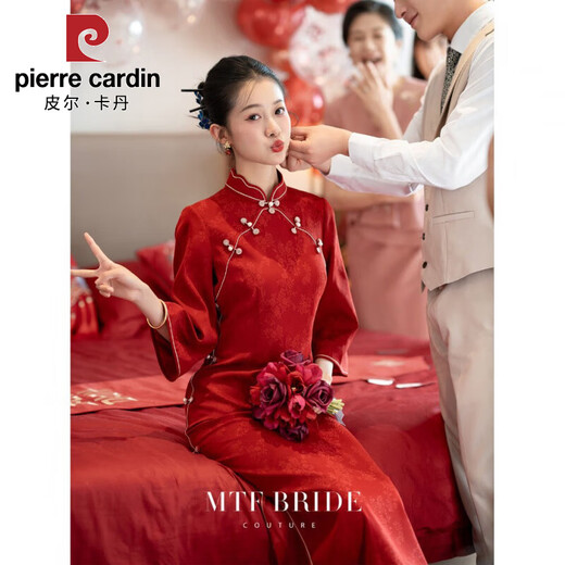 Pierre Cardin (Pierre Cardin) red cheongsam ancient bride wedding engagement dress out of the pavilion and home toasting dress slim female dress red cheongsam S