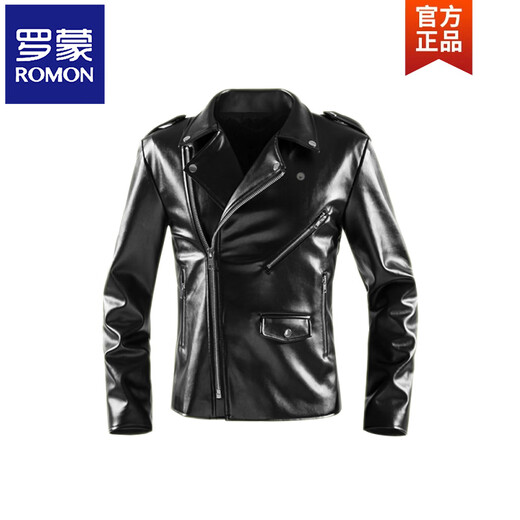 罗蒙（ROMON）修身皮衣男韩版帅气2025新款青年潮流翻领外套加绒加厚机车皮夹克 黑色 M
