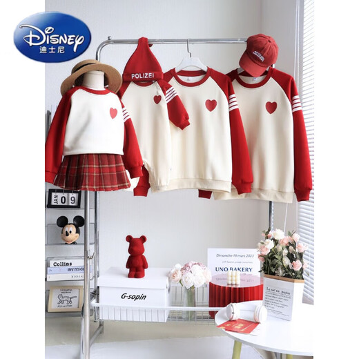 Disney (Disney) red New Year parent-child clothing for small month-old babies 2025 new autumn and winter family of three, four, mother and child, mother and daughter, whole family, love, spring and autumn style 100 Adult M size 100-120Jin Jin is equal to 0.5 kg