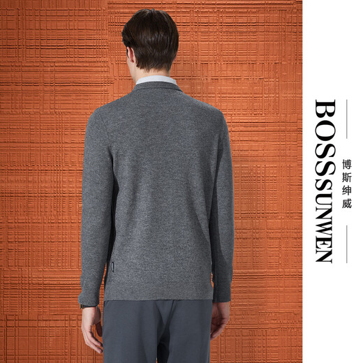 Bosssunwen 100% wool spring recommended fake two-piece skin-friendly warm knitted sweater wavy jacquard men's cardigan gray 2XL