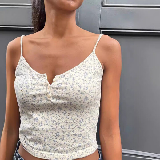 BM style new floral camisole women's bm three-button navel-baring bottoming inner short top blue flower camisole one size