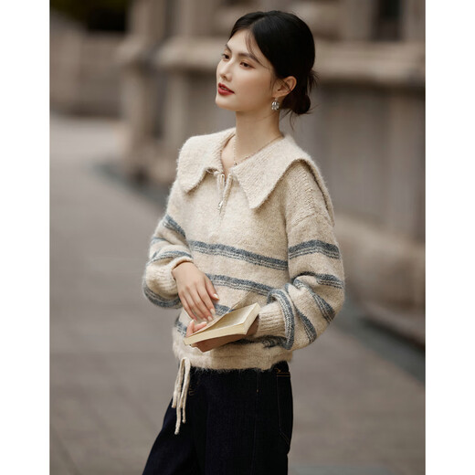 Shangjing cotton wool lazy style sweater for women 2026 spring new pinstripe lapel sweater zipper design top beige M