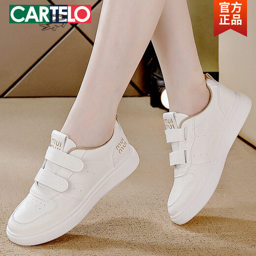 CARTELO crocodile genuine leather white shoes for women 2026 spring new versatile lightweight Velcro student sports sneakers for women white and black 36