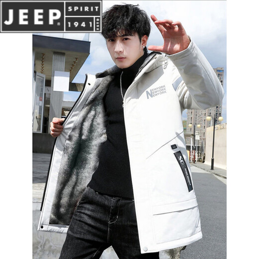 JEEP SPIRIT autumn and winter 2025 new hooded mid-length cotton coat men's velvet thickened windbreaker workwear parka jacket upgraded model K12157 black M