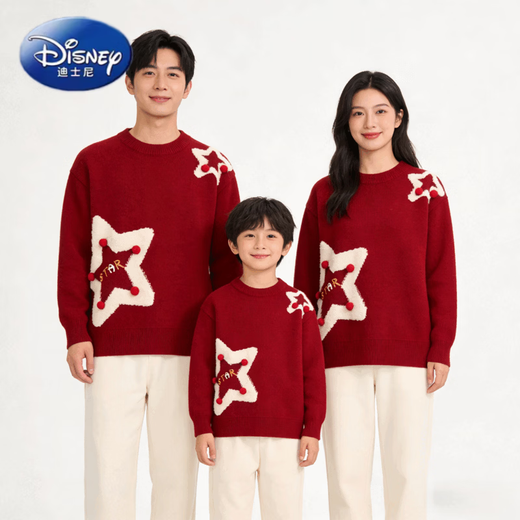 Disney (Disney) New Year parent-child clothing 2026 new New Year clothing for a family of three or four, festive family portrait and New Year red knitted sweater, red for men and women (double stars welcome good luck soon) 80 children's size 80