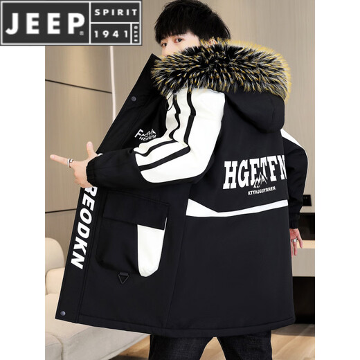 JEEP SPIRIT冬季派克服男士冲锋衣加绒加厚夹克男冬装棉服中长款风衣保暖外套 黑色【加 绒加 厚】 M 【80-100斤】