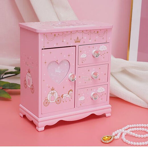 Fantasy Pink Castle Cartoon Wooden Jewelry Box Girl Jewelry Box Hairpin Storage Princess Tiara Drawer Cosmetic Box Kaicat Cat Three Drawers and One Door