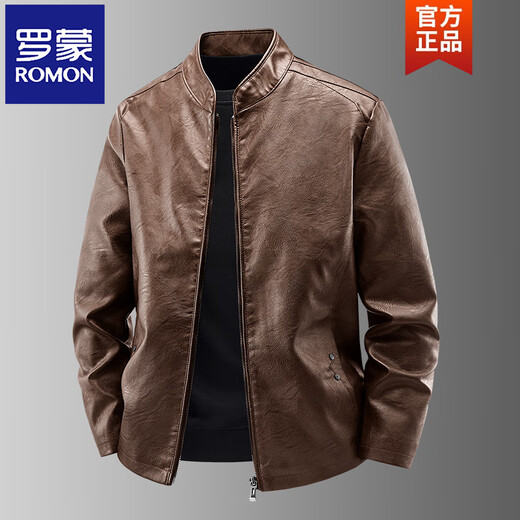 ROMON Haining imitation leather jacket men's stand-up collar plus velvet thickening slim casual trendy handsome leather jacket motorcycle jacket brown without velvet 923KX XL