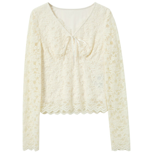 Sancai 2026 Spring New Style Slim Bottoming Lace Shirt V-neck Long Sleeve Short Sweet F