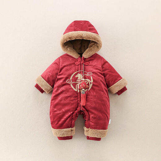 G.duck little yellow duck children's clothing baby New Year's clothing plus velvet and thickening warm winter clothing newborn one-piece harem one-year-old romper red 73cm