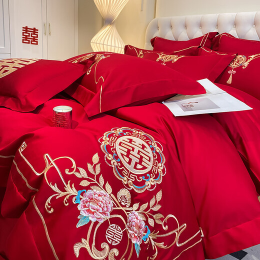 LangSha (LangSha) wedding four-piece bedding set, wedding bright red quilt, Chinese embroidery quilt cover, wedding room bed sheet, quilted bed sheet, wedding - big red - 1.5m bed sheet, four-piece set