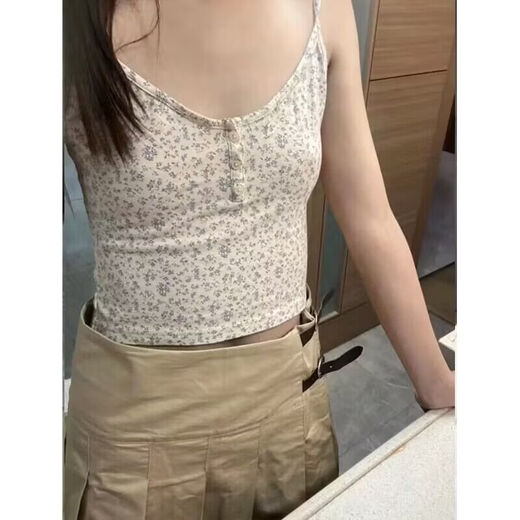 BM style new floral camisole women's bm three-button navel-baring bottoming inner short top blue flower camisole one size