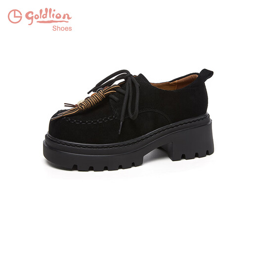 Goldlion Women's Shoes 2025 Autumn and Winter Thick Soled Loafers Retro Round Toe Lace Up Deep Mouth Small Leather Shoes G665540286 Black 37
