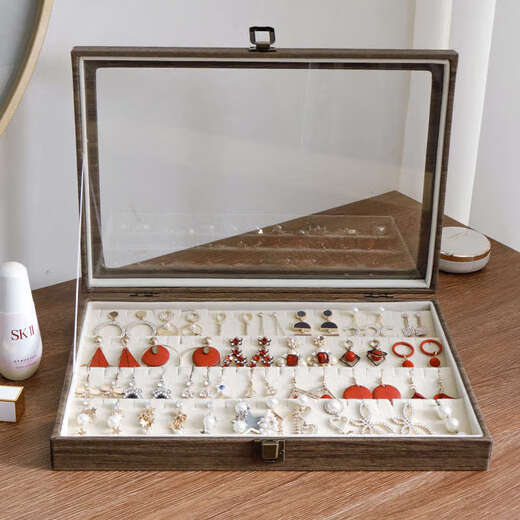 Yusenyi Retro Wood Grain Jewelry Storage Box Earrings and Earrings Jewelry Storage Organizing Box Ring Dustproof Lid Small Jewelry Box Black Leather Large Size Can Hold 100 Earrings and Earrings