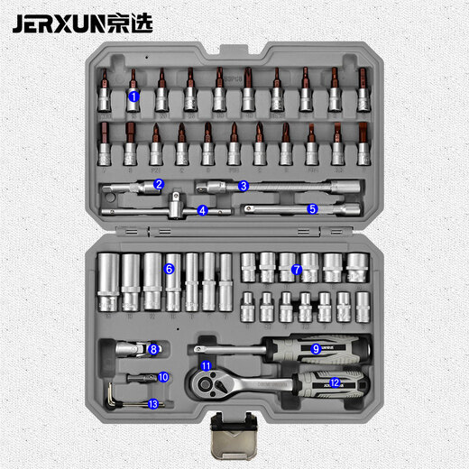 JERXUN 53-piece ratchet socket wrench repair car tool box set household small fly ratchet quick wrench socket set