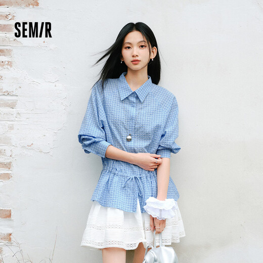 Semir long-sleeved shirt women's spring mid-length raglan sleeves plaid texture drawstring 2026 literary top 109126105002