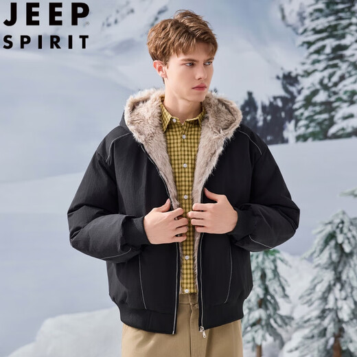 JEEP SPIRIT American retro velvet jacket men's winter new mountain sculpture loose hooded parka down jacket dark gray XL