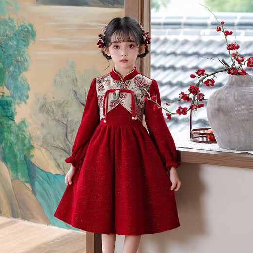 Girls' cheongsam autumn and winter velvet dress children's new Chinese style Tang suit girl red skirt red 150