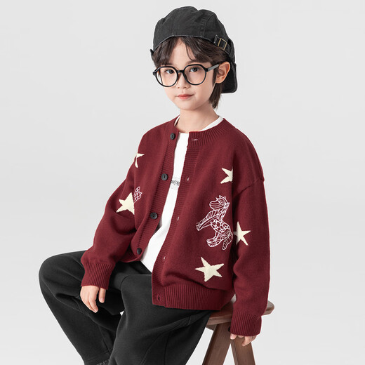 Duojia new clothes for the Year of the Horse, boys' sweaters, spring and autumn cartoon embroidery style jackets, children's inner warm sweaters, true red 110