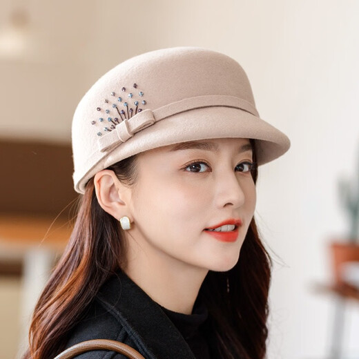Lanshimengdai (lanshimengdai) hat women's autumn and winter wool peaked hat British casual woolen felt hat versatile fashionable style beret small face light khaki one size adult (adjustable hat circumference 55-58cm