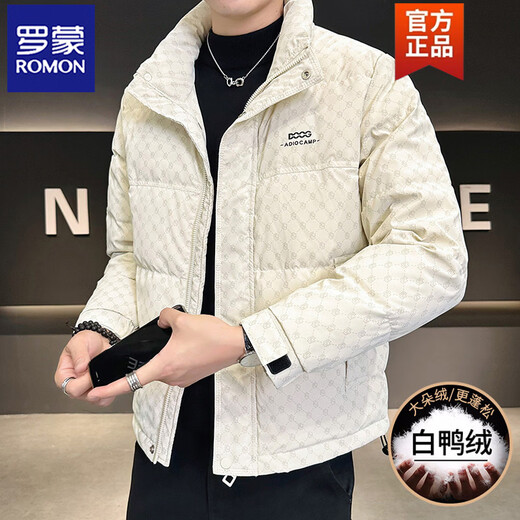 ROMON зимняя одежда 2025, новый красивый пуховик с воротником-стойкой, мужской короткий утолщенный теплый модный брендовый пиджак с полным принтом, черный M (90-115Jin Jin равен 0,5 кг)