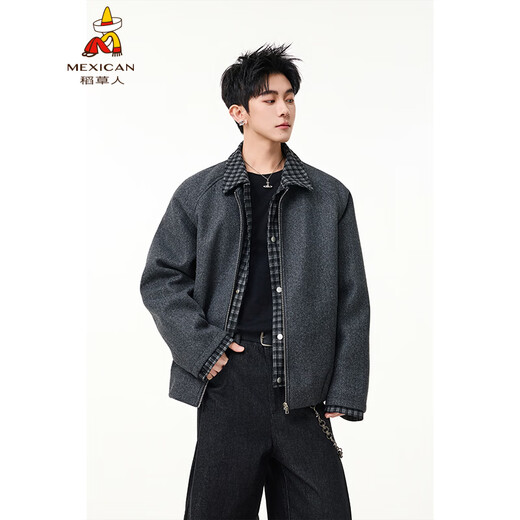 Scarecrow Men's Woolen Cotton Coat Jacket Men's Winter Puffy Handsome Fake Two-Piece Casual Cotton Jacket Loose Fashionable Cotton Clothes Light Gray HY8597 M