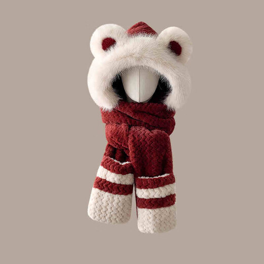 Viney hat scarf gloves all-in-one women's 2025 new winter bear plush thickened warm ear protection cycling hat Ancora red one size