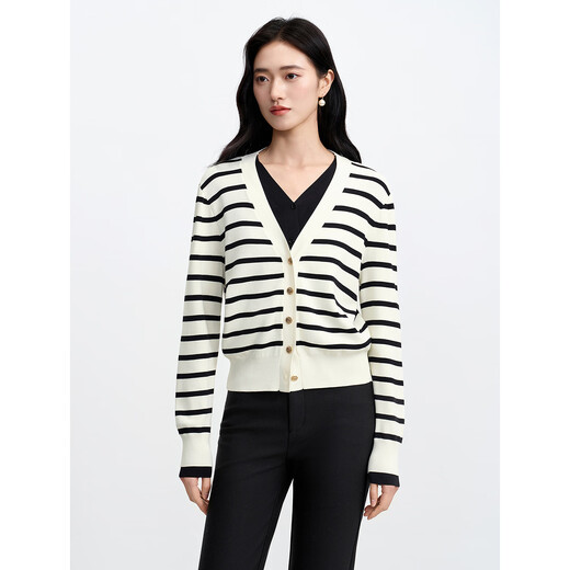 JUZUI fashion striped casual fake two-piece V-neck sweater for women 2026 spring new JTGC306019 off-white L